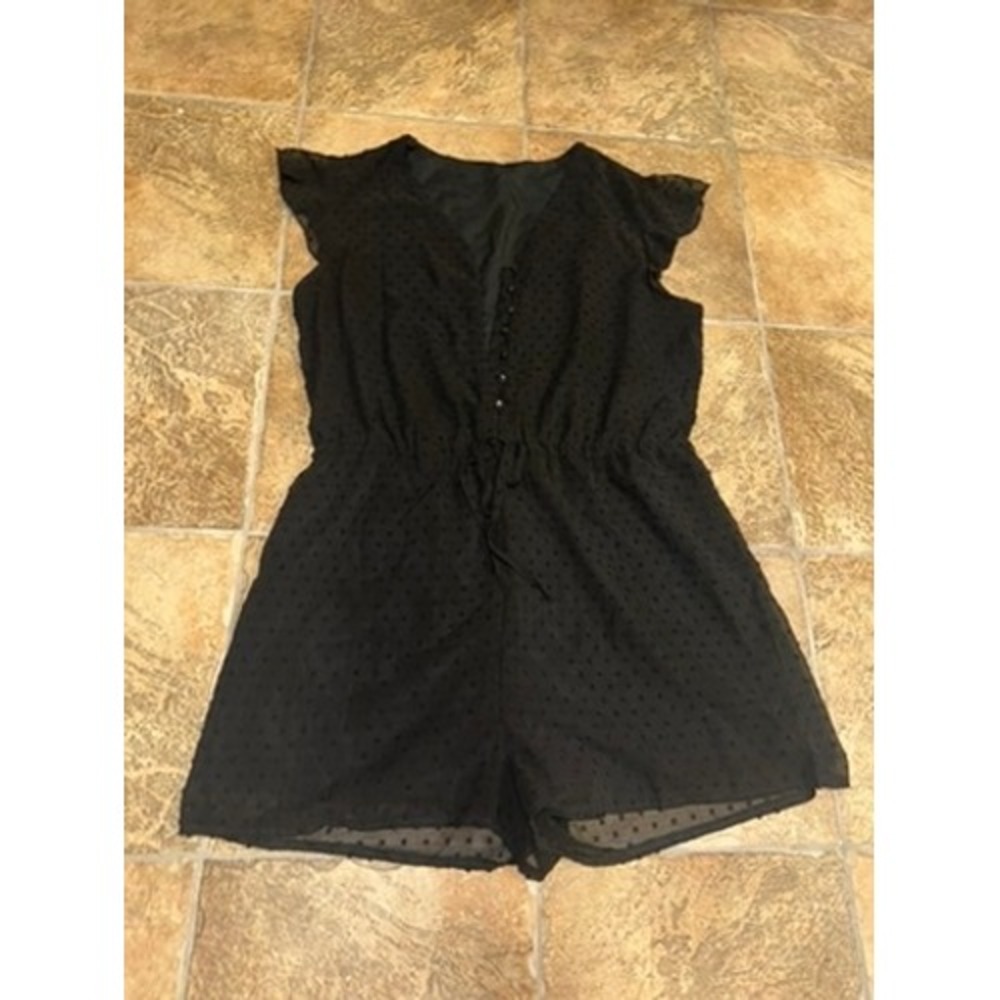 BTFBM Black Swiss Dot Romper XL V-Neck Flutter Sleeve Button Front Drawstring